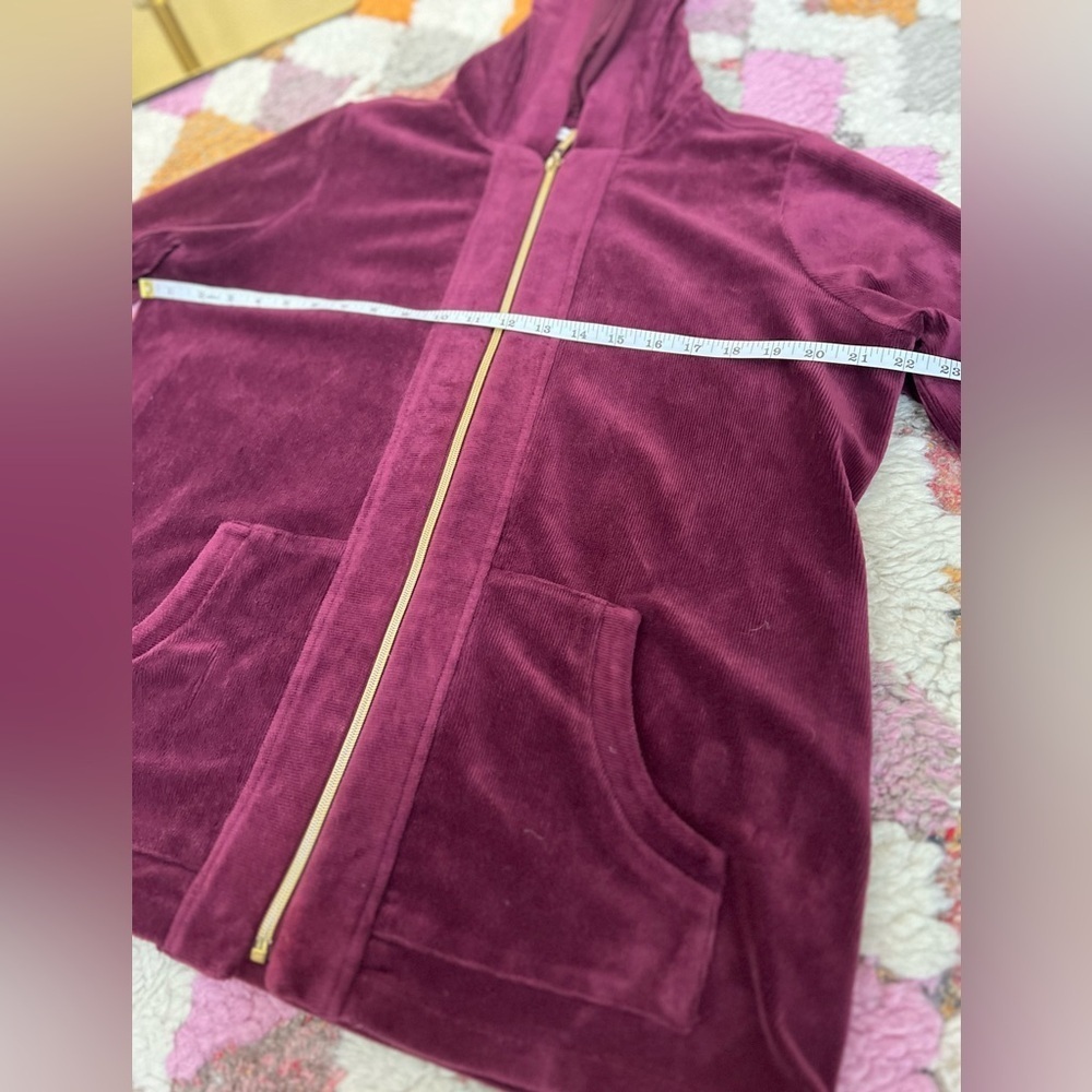 Susan Graver Velvet Burgundy Zip Up Hooded Sweater Jacket Cotton Size Large - Picture 12 of 13